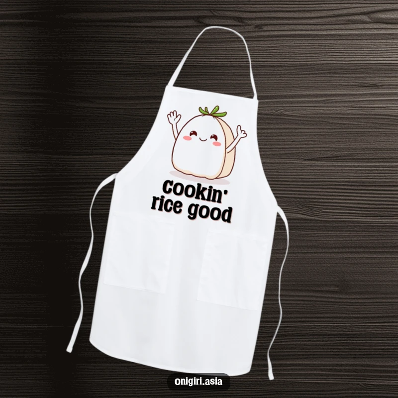 Funny Onigiri Apron: A cheerful rice ball character with energetic wavy arms waving, designed for the fun-loving chef.