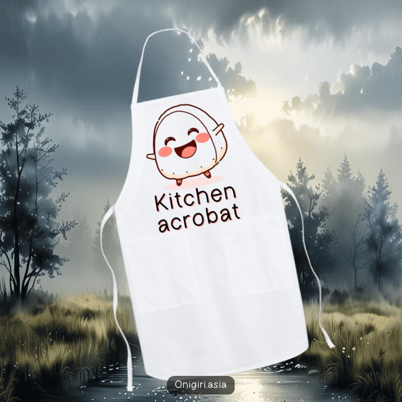 Funny apron showcasing a smiling onigiri with a crescent mouth doing a cartwheel, perfect for humorous cooking.