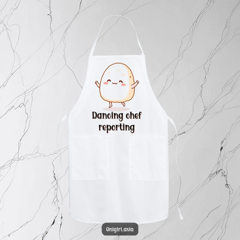 Funny apron showcasing a happy onigiri character with tiny legs doing a dance, perfect for humorous cooking.