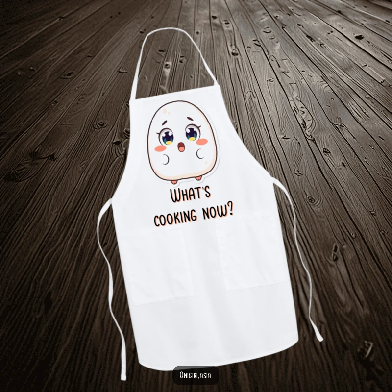 Funny Surprised Onigiri Apron showing a rice ball character with wide, shocked eyes, ready for humorous cooking adventures.