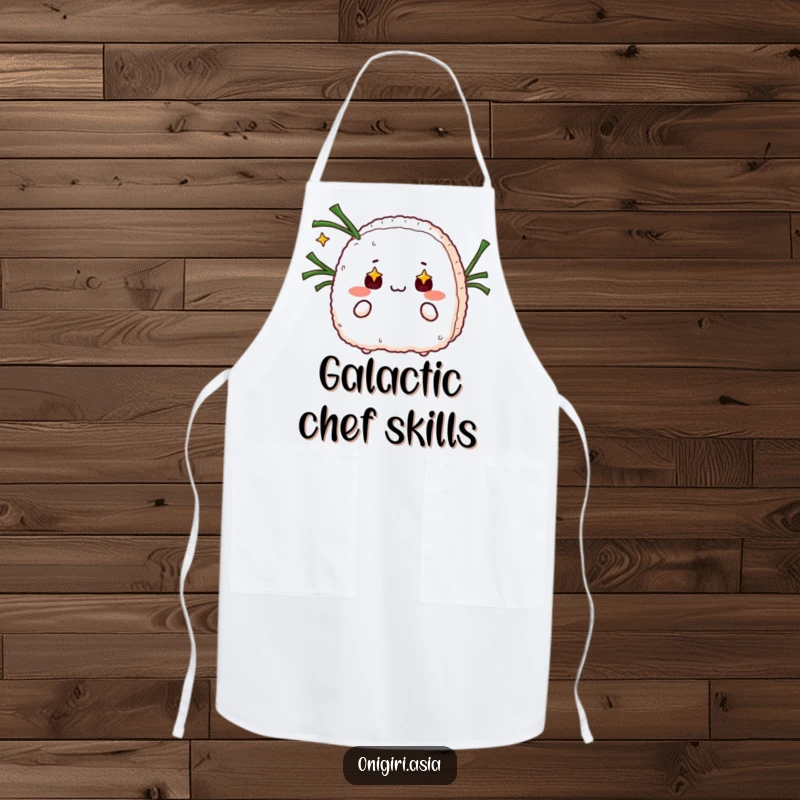 Funny apron showcasing a starry-eyed onigiri juggling seaweed strips, perfect for humorous cooking.