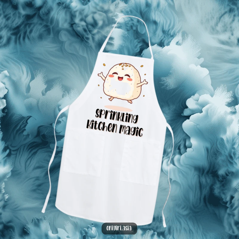 Funny Giggling Onigiri Apron showing a rice ball character leaping with laughter, perfect for joyful cooking.