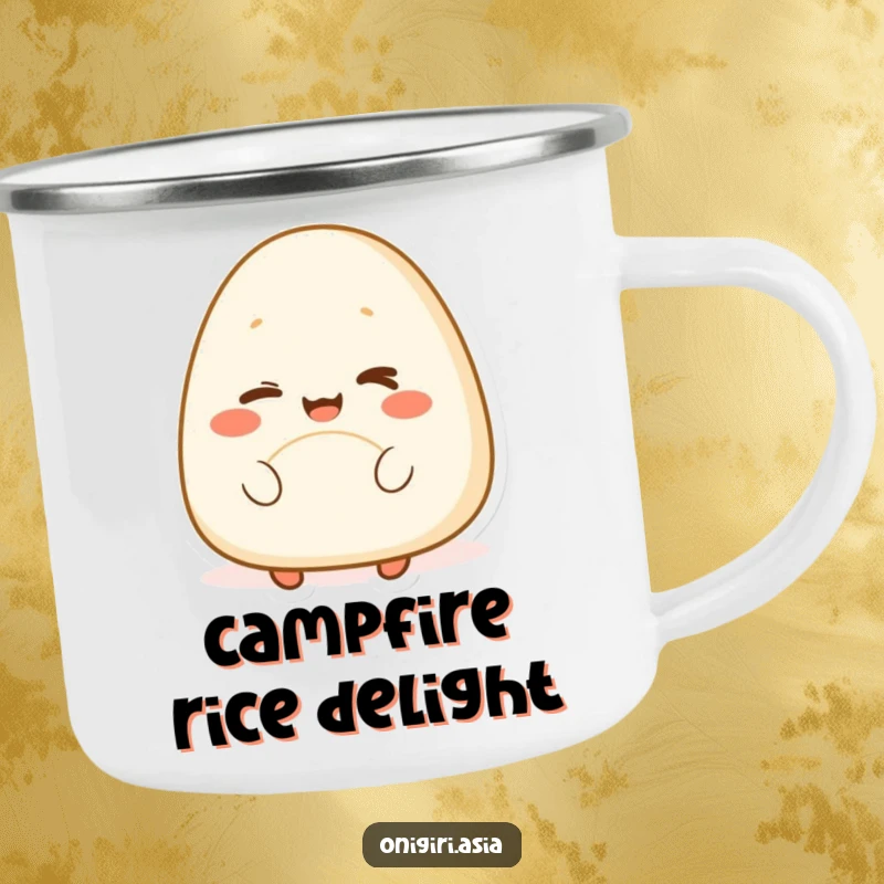 Funny camping mug showcasing a happy onigiri character winking playfully, perfect for food-loving adventurers.