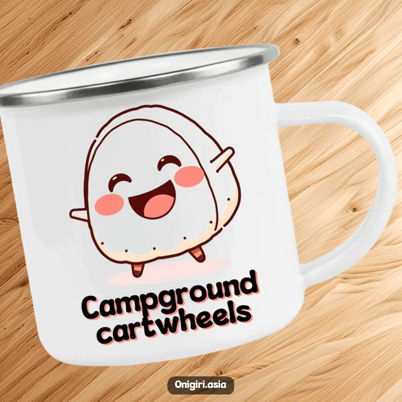 Funny camping mug with a smiling onigiri doing a cartwheel, perfect for humorous outdoor enjoyment.