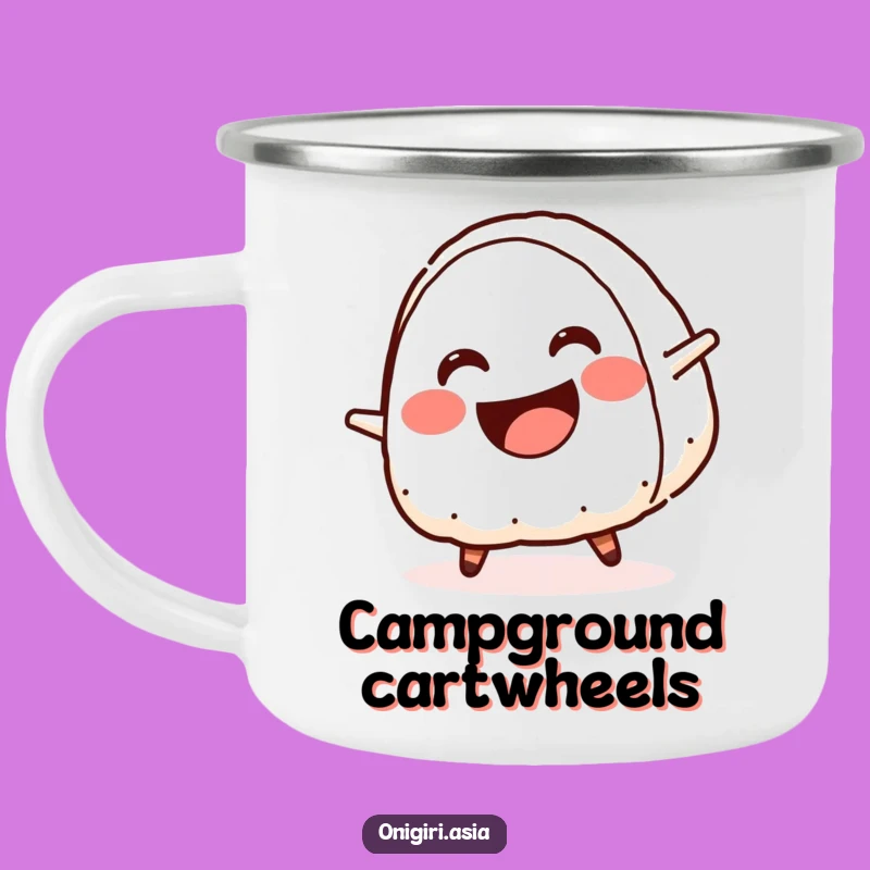 Funny Cartwheeling Onigiri Camping Mug - Energetic Outdoor Gift