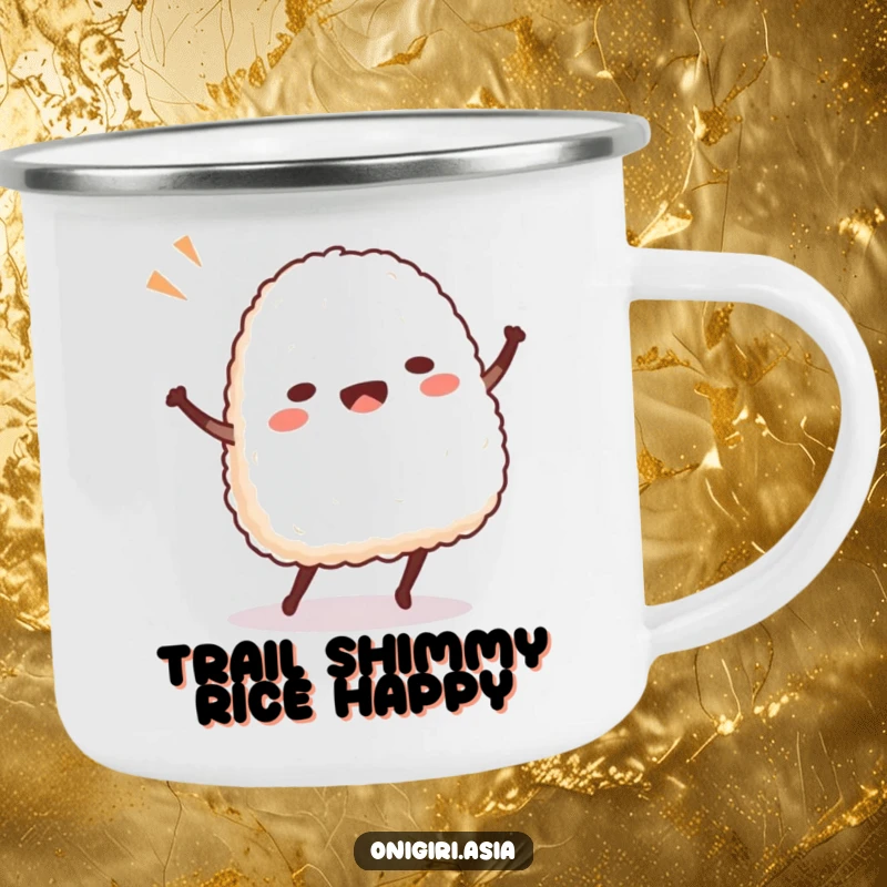 Funny Dancing Onigiri Camping Mug featuring a happy rice ball character dancing, perfect for outdoor humor.