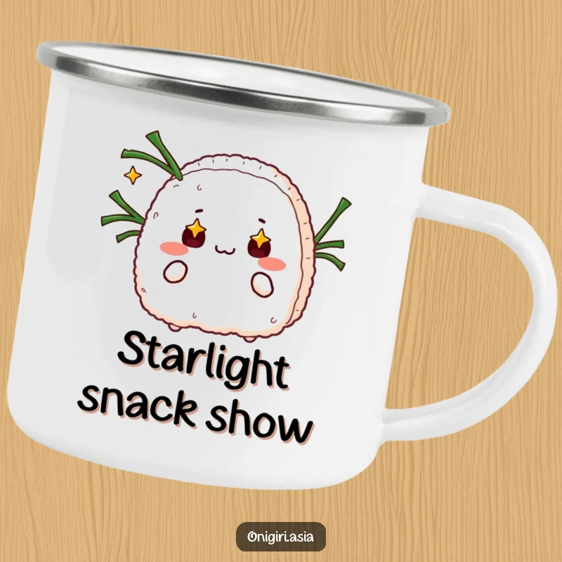 Funny camping mug with a starry-eyed onigiri juggling seaweed strips, perfect for humorous outdoor enchantment.