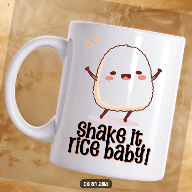 Funny Onigiri Mug featuring a joyful rice ball character doing a silly, swaying dance with a happy expression.