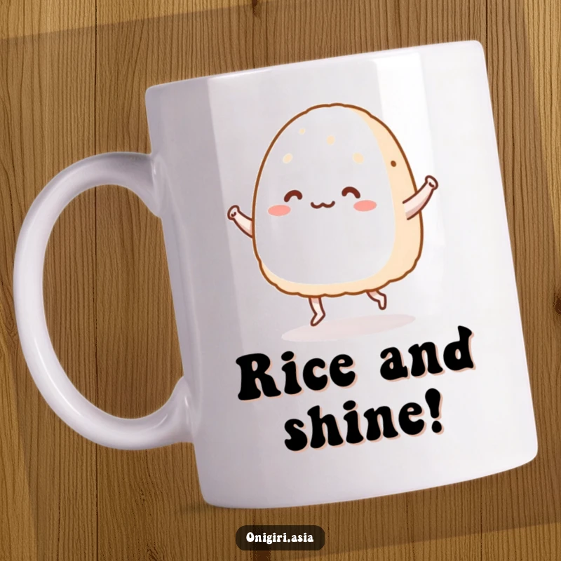 Funny mug with a smiling onigiri character with tiny legs joyfully dancing, radiating happiness and humor.