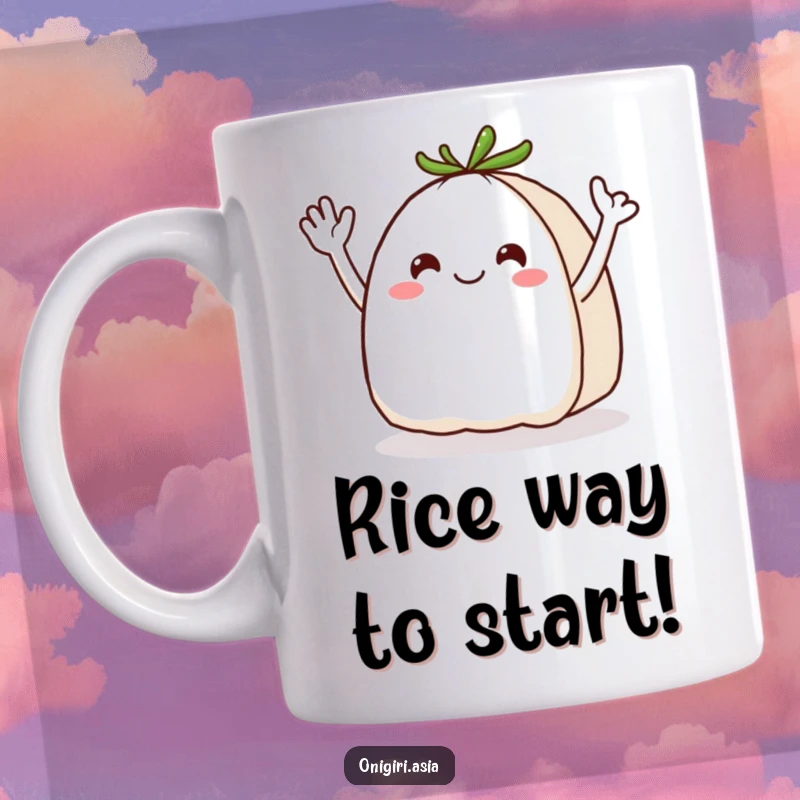 Funny Onigiri Mug: Cheerful rice ball character with energetic wavy arms enthusiastically waving hello, bringing smiles.
