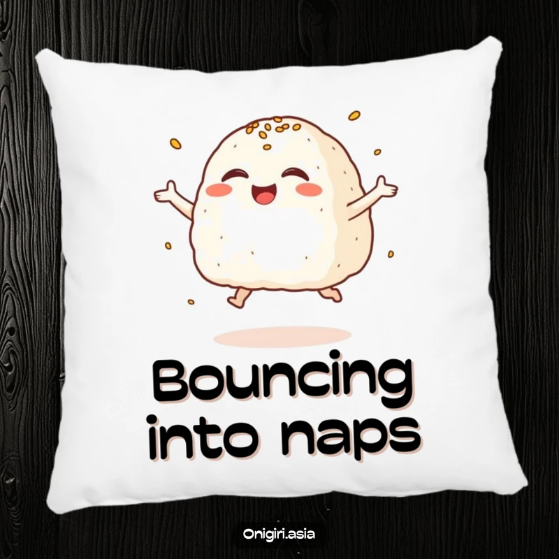 Funny Giggling Onigiri Pillow featuring a leaping rice ball character with a joyful giggle, perfect for cozy cheer.