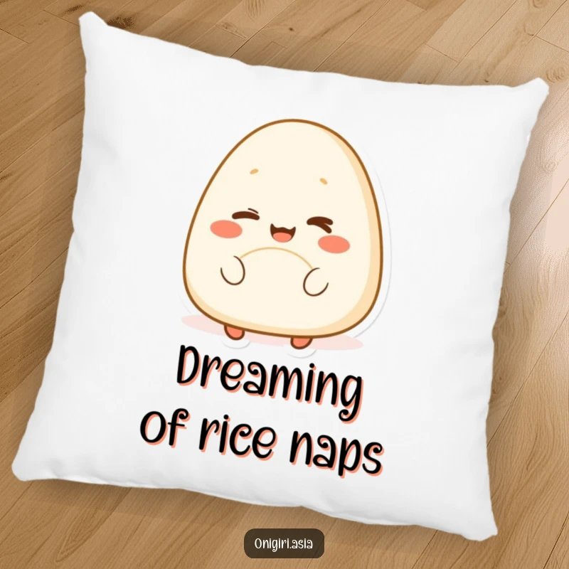 Funny pillow with a happy onigiri character winking playfully, soft and humorous decor for any kitchen or dining area.