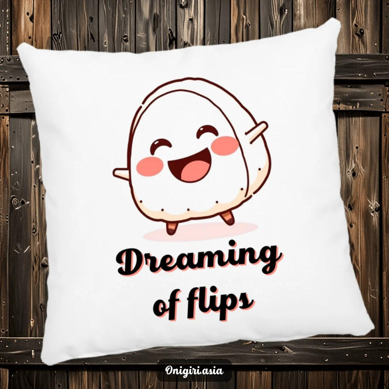 Funny pillow featuring a smiling onigiri with a crescent mouth doing a cartwheel, offering humorous comfort.