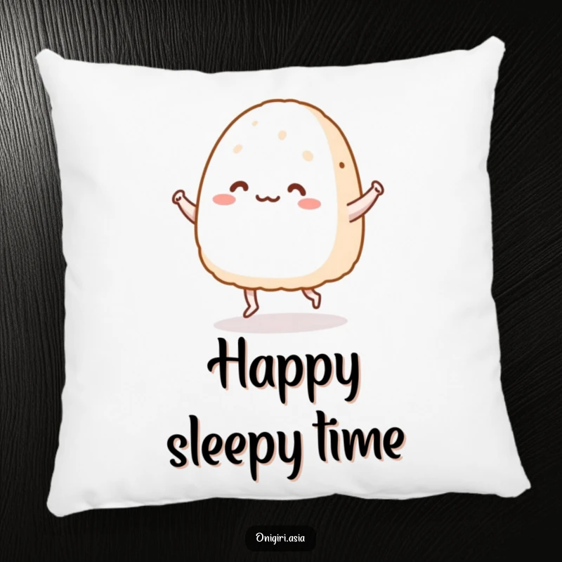 Funny pillow featuring a happy onigiri character on tiny legs doing a joyful dance, adding humorous comfort.