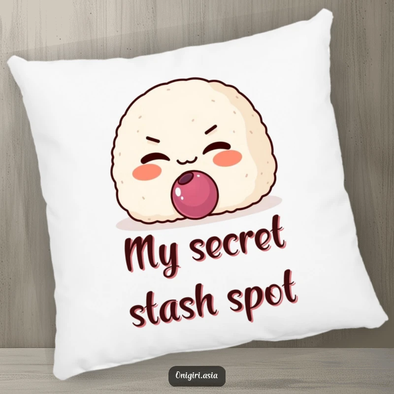 Funny Mischievous Onigiri Pillow featuring a grinning rice ball character offering a tiny plum, perfect for cozy intrigue.