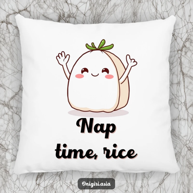 Funny Onigiri Pillow: Soft decorative cushion featuring a cheerful rice ball character with energetic wavy arms waving hello.