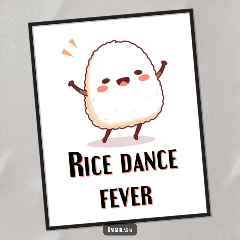 Funny Onigiri Dance Digital Art Print of a rice ball character in a lively, humorous dance, perfect for wall decor.