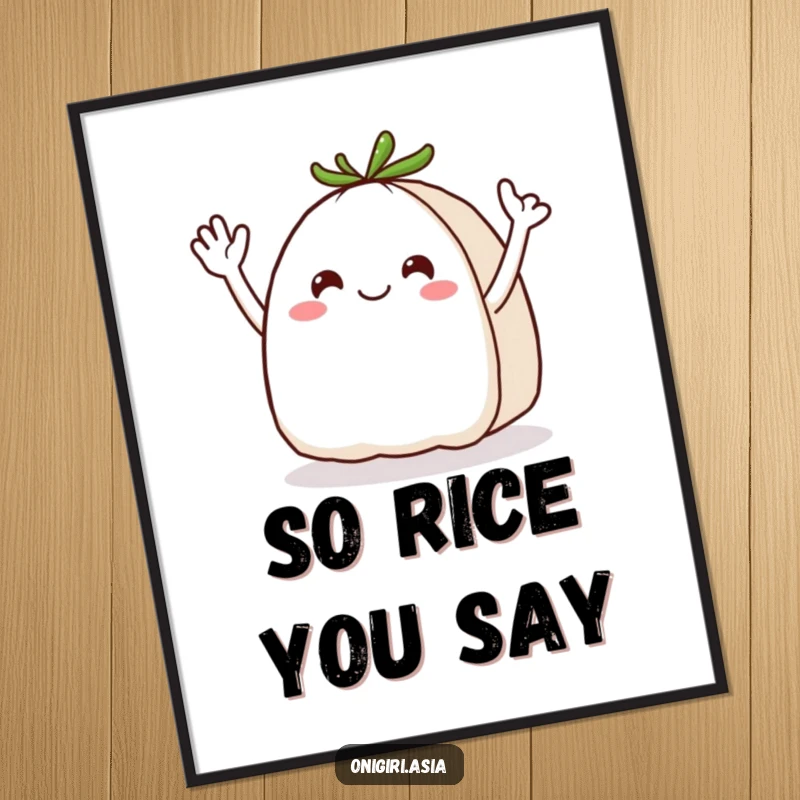 Funny Onigiri Digital Art Print: Cheerful rice ball character with dynamic wavy arms waving, radiating positive vibes.
