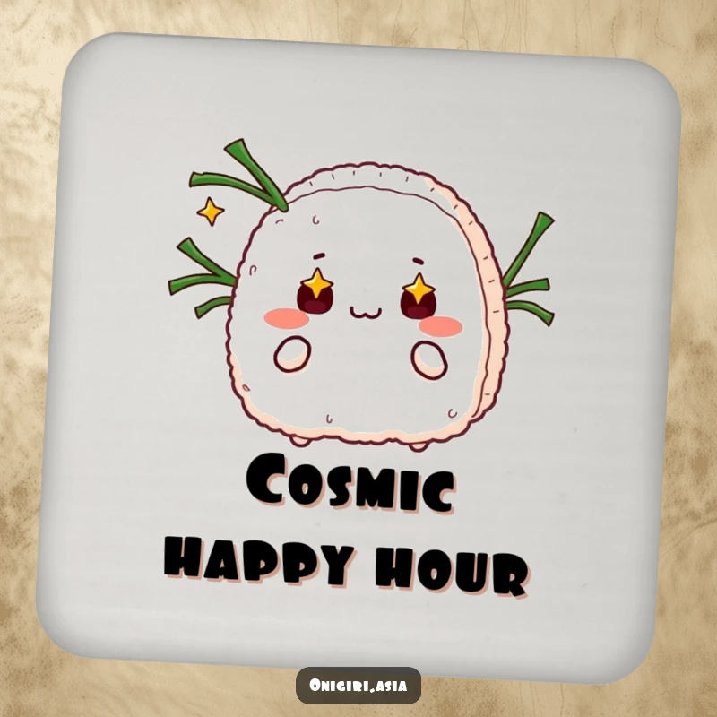Funny drink coasters featuring a starry-eyed onigiri juggling seaweed strips, offering humorous and whimsical surface protection.
