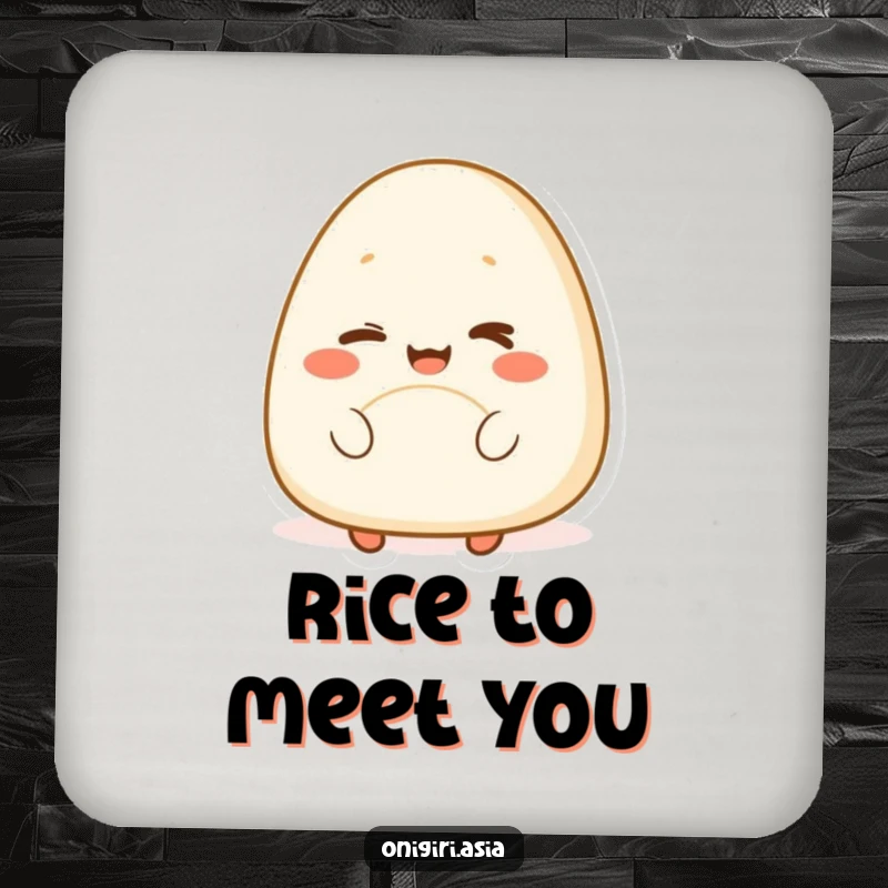 Funny drink coaster with a happy onigiri character winking playfully, a humorous and protective accessory for food lovers.