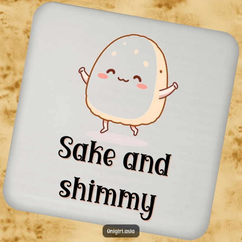 Funny drink coasters featuring a happy onigiri character with tiny legs doing a dance, offering humorous surface protection.