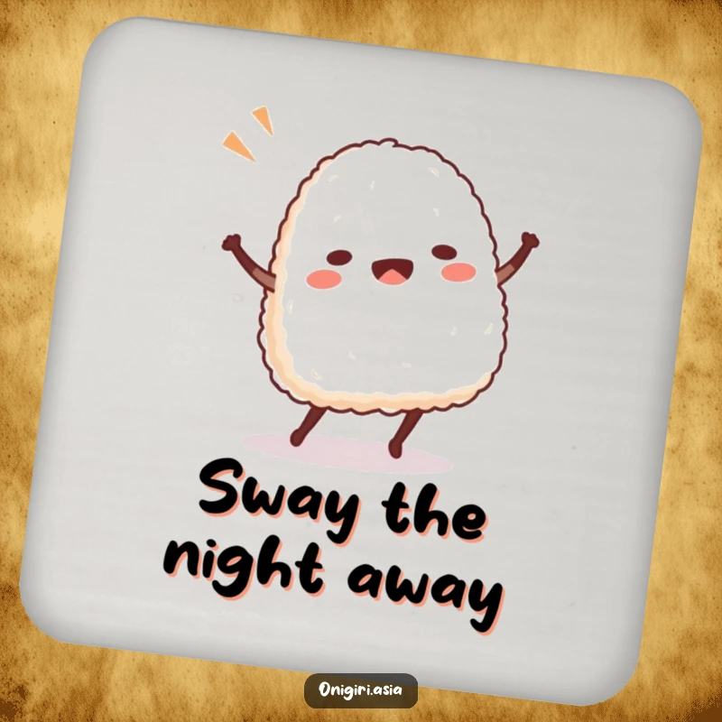 Funny Dancing Onigiri Coaster featuring a charming rice ball character performing a silly dance, ideal for drink protection.
