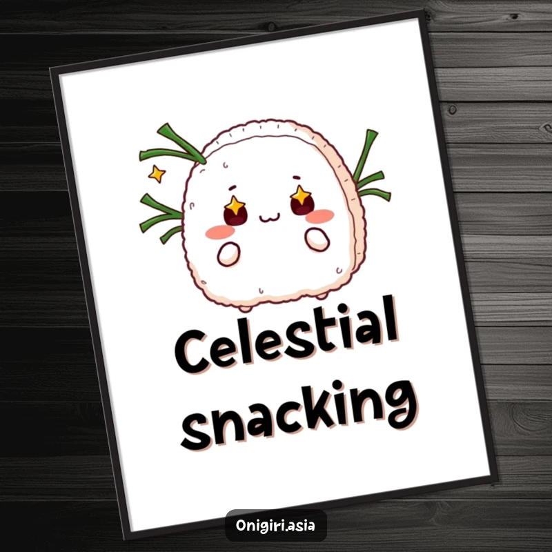 Funny poster depicting an onigiri with starry eyes juggling seaweed strips, creating humorous and whimsical wall art.