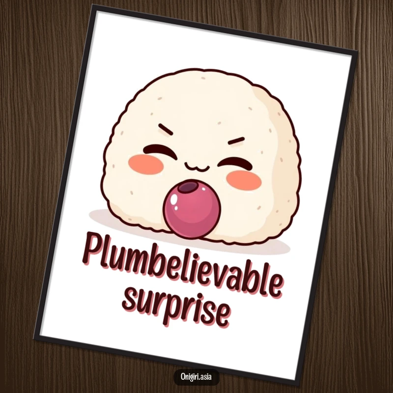 Funny Mischievous Onigiri Poster showing a grinning rice ball character slyly offering a plum, adding playful art.