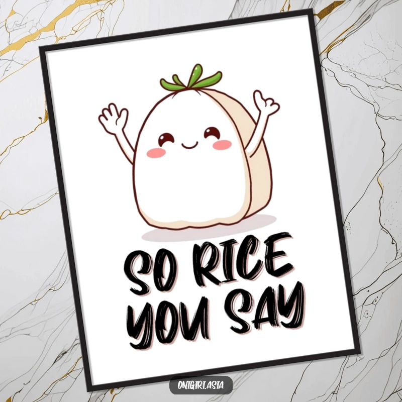 Funny Onigiri Poster: A vibrant depiction of a happy rice ball character with dynamic, wavy arms joyfully waving hello.