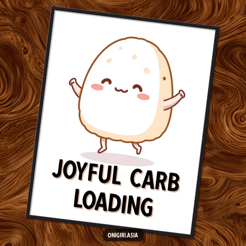 Funny poster showcasing a happy onigiri character with tiny legs performing a joyful dance, humorous wall art.