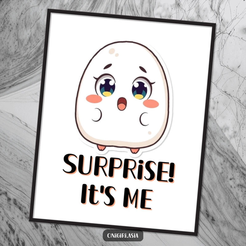 Funny Surprised Onigiri Poster illustrating a rice ball character with comically large, wide-open eyes in a state of shock.