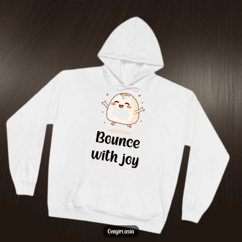 Funny Giggling Onigiri Hoodie featuring a rice ball character leaping with laughter, perfect for cozy cheer.
