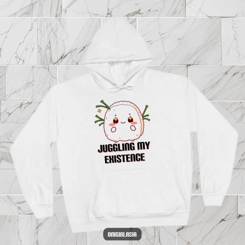 Funny hoodie featuring an onigiri with starry eyes juggling seaweed strips, radiating humorous charm and skill.