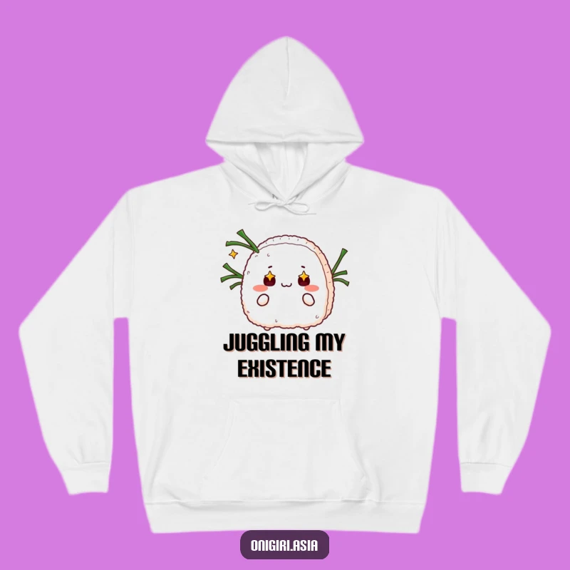 Funny Starry Eyed Onigiri Juggling Hoodie - Cozy & Whimsical Gift