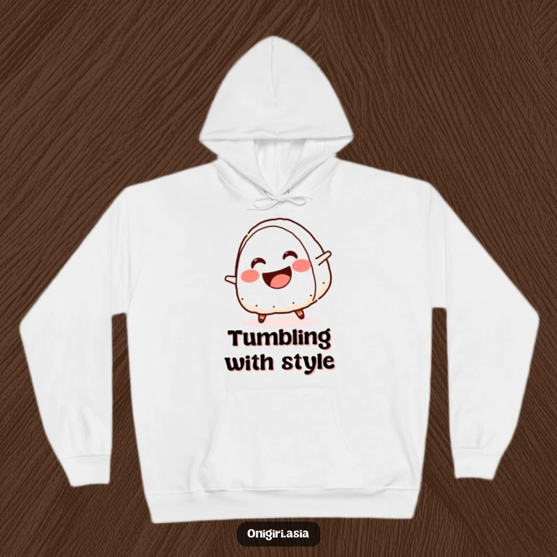 Funny hoodie featuring a smiling onigiri with a wide crescent mouth doing a cartwheel, radiating humorous energy.