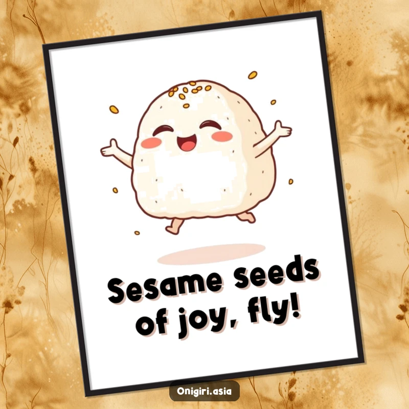 Funny Free Printable Wall Art: A cheerful onigiri character giggles ecstatically while leaping, sprinkled with sesame seeds.
