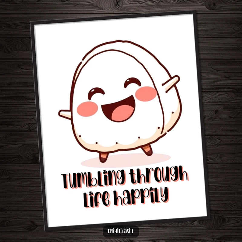 Funny Free Printable Wall Art: A grinning onigiri with a wide crescent mouth performs an energetic cartwheel, adding playful decor. Downloadable.