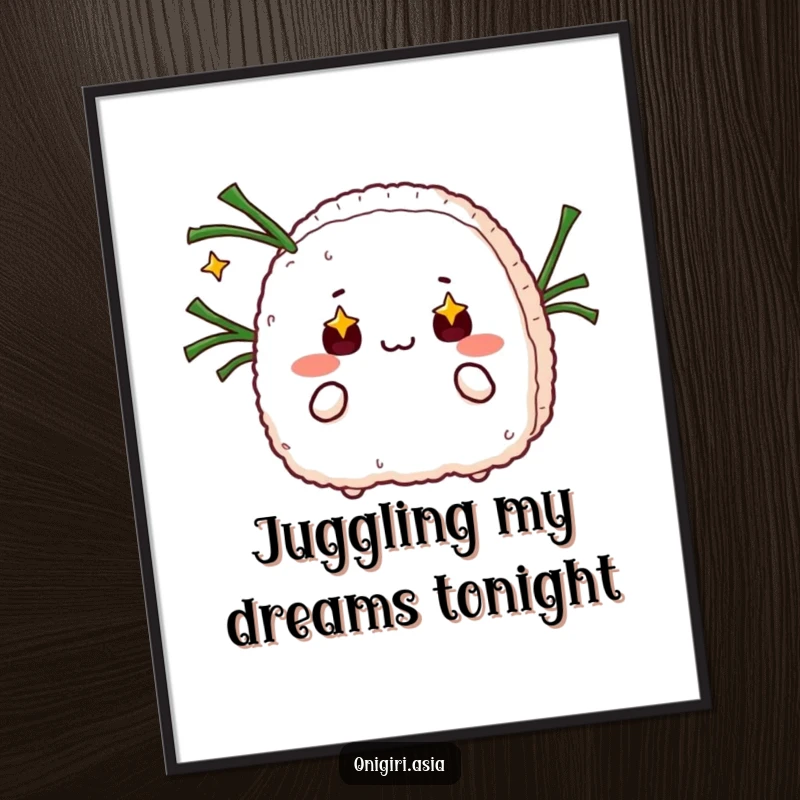 Funny Free Printable Wall Art: An onigiri character with wide, starry eyes skillfully juggles seaweed strips, creating captivating decor. Downloadable.