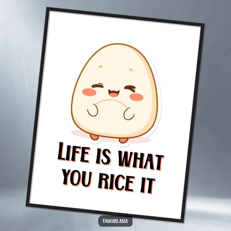 Funny Free Printable Wall Art of a happy, smiling onigiri character playfully winking at the viewer.
