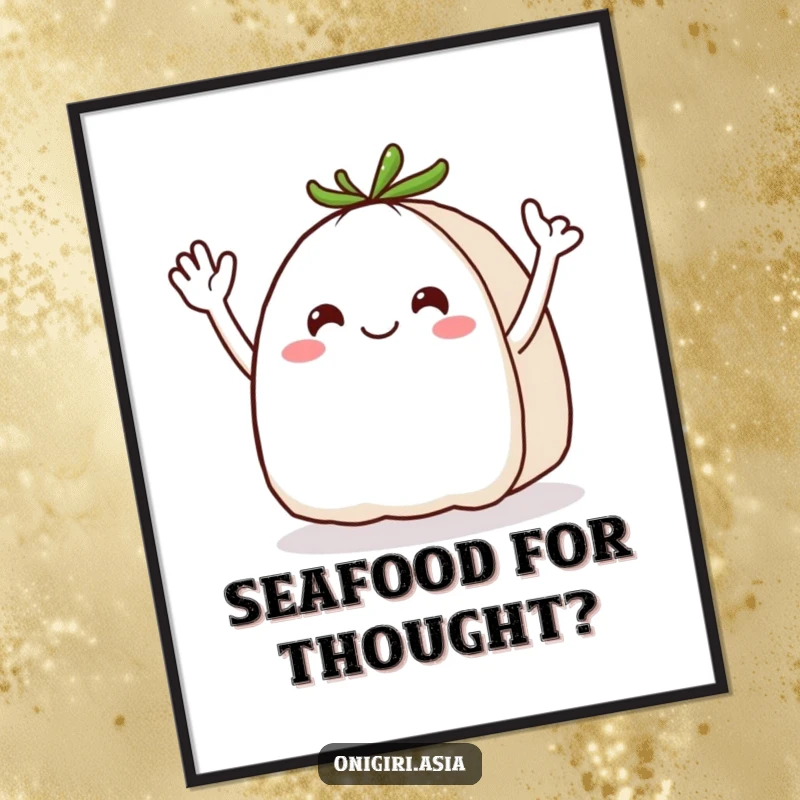 Funny Free Printable Wall Art featuring a cheerful onigiri with lively wavy arms enthusiastically waving hello in a playful pose.