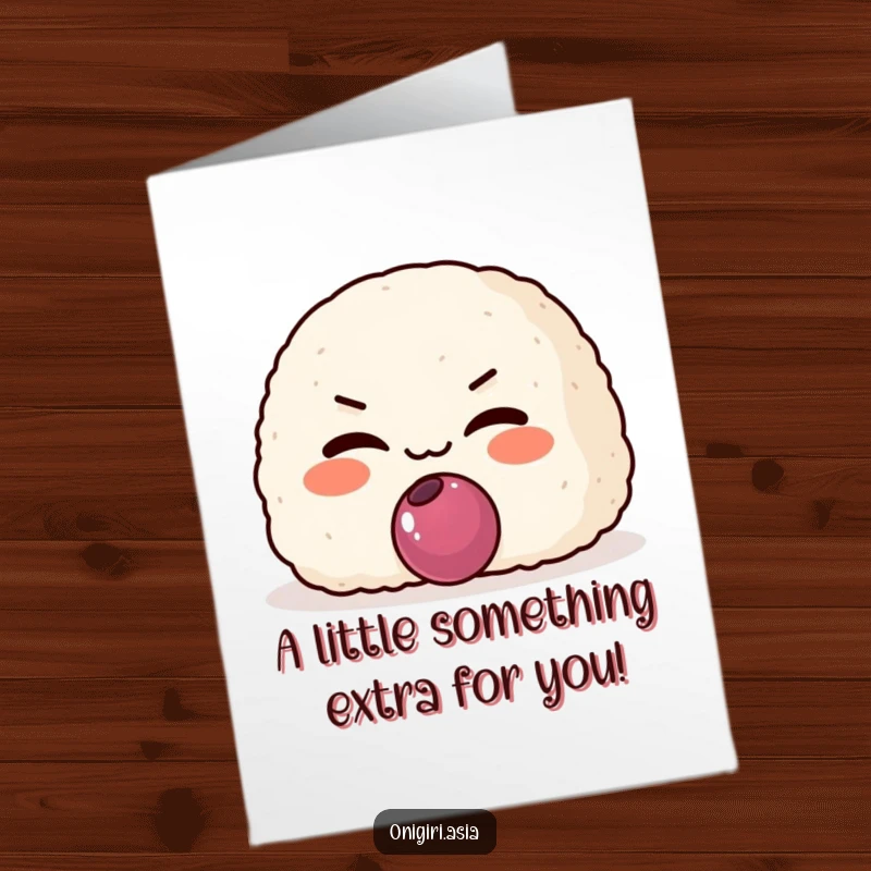 Funny Free Printable Birthday Card: A sneaky onigiri grins mischievously, offering a tiny plum filling to the viewer.