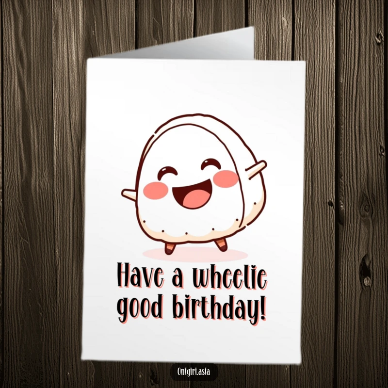 Funny Free Printable Birthday Card: A smiling onigiri with a wide crescent mouth executes a perfect cartwheel, celebrating joyfully. Downloadable.