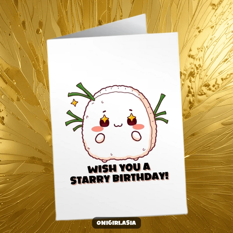 Funny Free Printable Birthday Card: An onigiri character with starry eyes expertly juggles seaweed strips, celebrating the day. Downloadable.