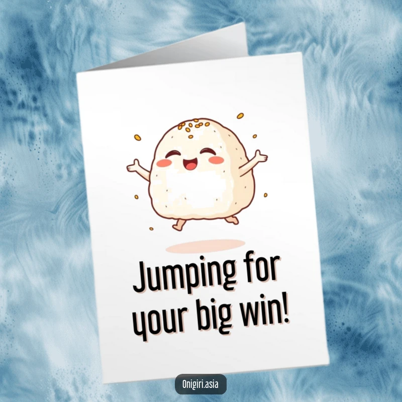 Funny Free Printable Congratulations Card: A happy onigiri giggles uncontrollably while jumping, showered with sesame seeds.