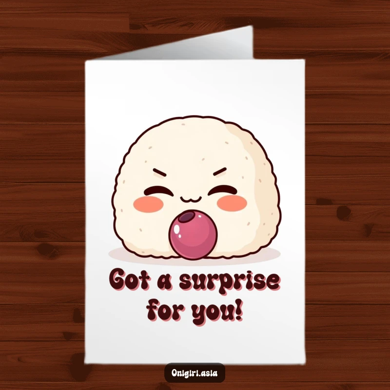 Funny Free Printable Congratulations Card: A grinning onigiri offers a small plum filling with a playful, mischievous look.
