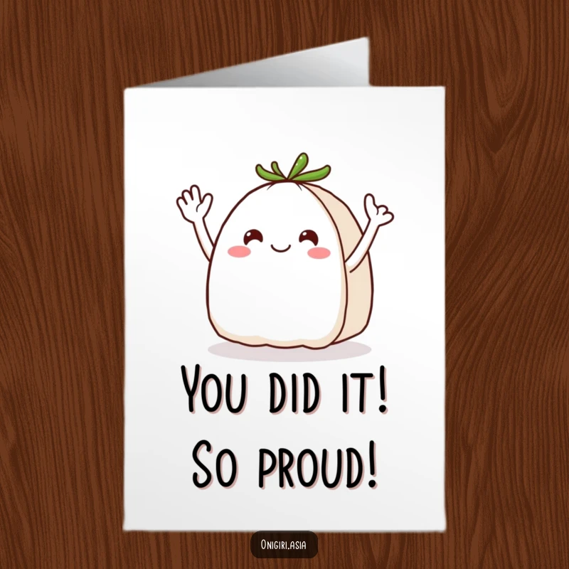 Funny Free Printable Congratulations Card of a cheerful onigiri with dynamic wavy arms waving enthusiastically to celebrate an achievement.