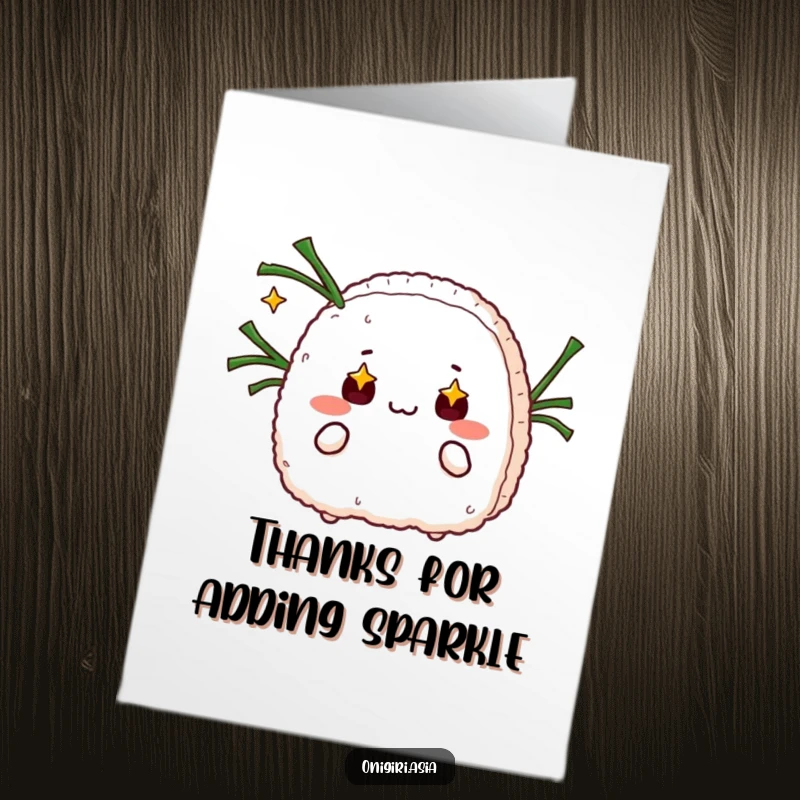 Funny Free Printable Thank You Card: An onigiri character with starry eyes juggles seaweed strips, conveying thanks with impressive flair. Downloadable.