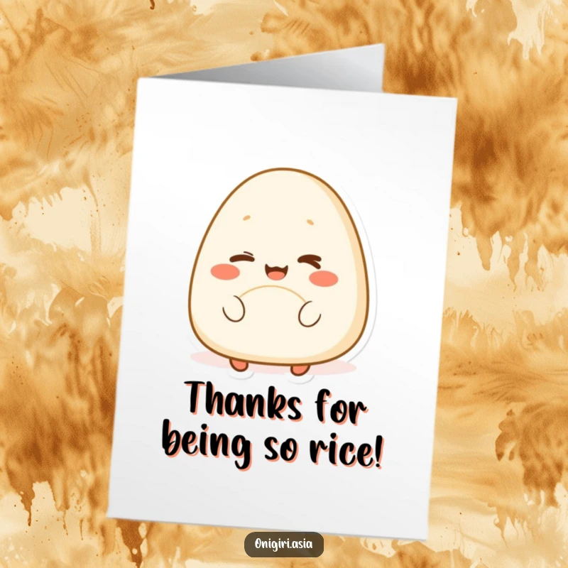 Funny Free Printable Thank You Card depicts a happy onigiri giving a charming and playful wink.