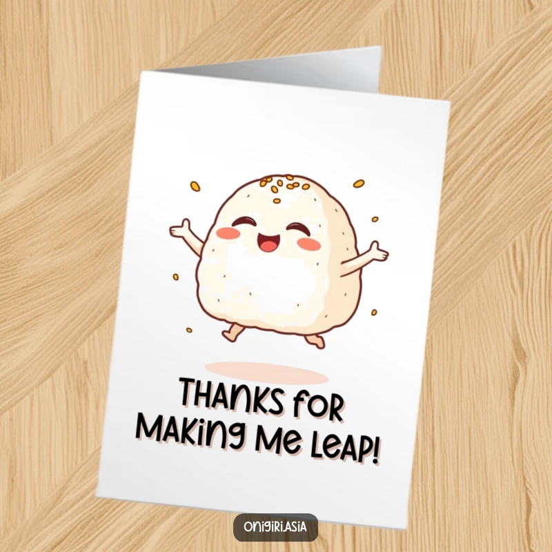 Funny Free Printable Thank You Card: A giggling onigiri performs a joyful leap, sesame seeds scattering like happy sprinkles.