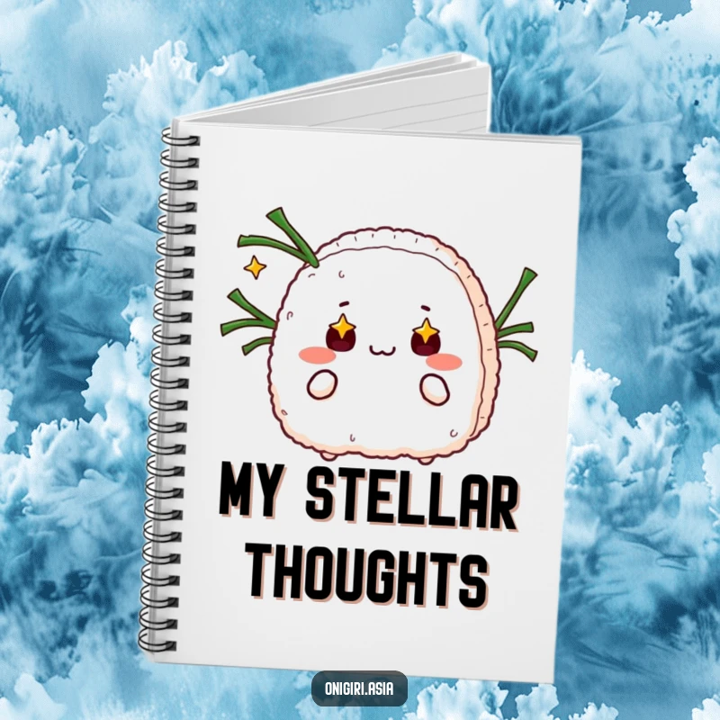 Funny notebook featuring a starry-eyed onigiri juggling seaweed strips, ready for humorous and imaginative notes.